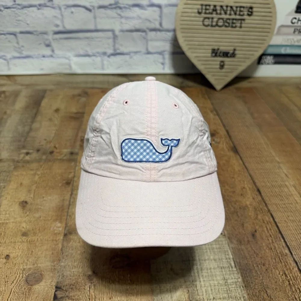 VINEYARD VINES WOMEN'S OS PALE PINK GINGHAM WHALE PATCH CAP STRAPBACK Volleyball